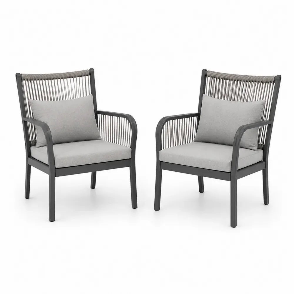 Gartenstühle 2er Set mit Armlehnen und Kissen rechteckige Sitzfläche Dunkelgrau Grau 62 x 65 x 88 cm Aluminium Polypropylen Seil