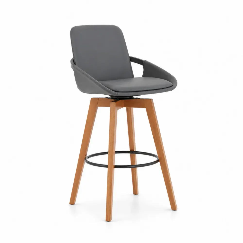 Barhocker mit Armlehnen drehbar Sitzhöhe 75 cm PU-Leder Buchenholz Grau Naturholz Schwarz 55 x 52 x 101 cm