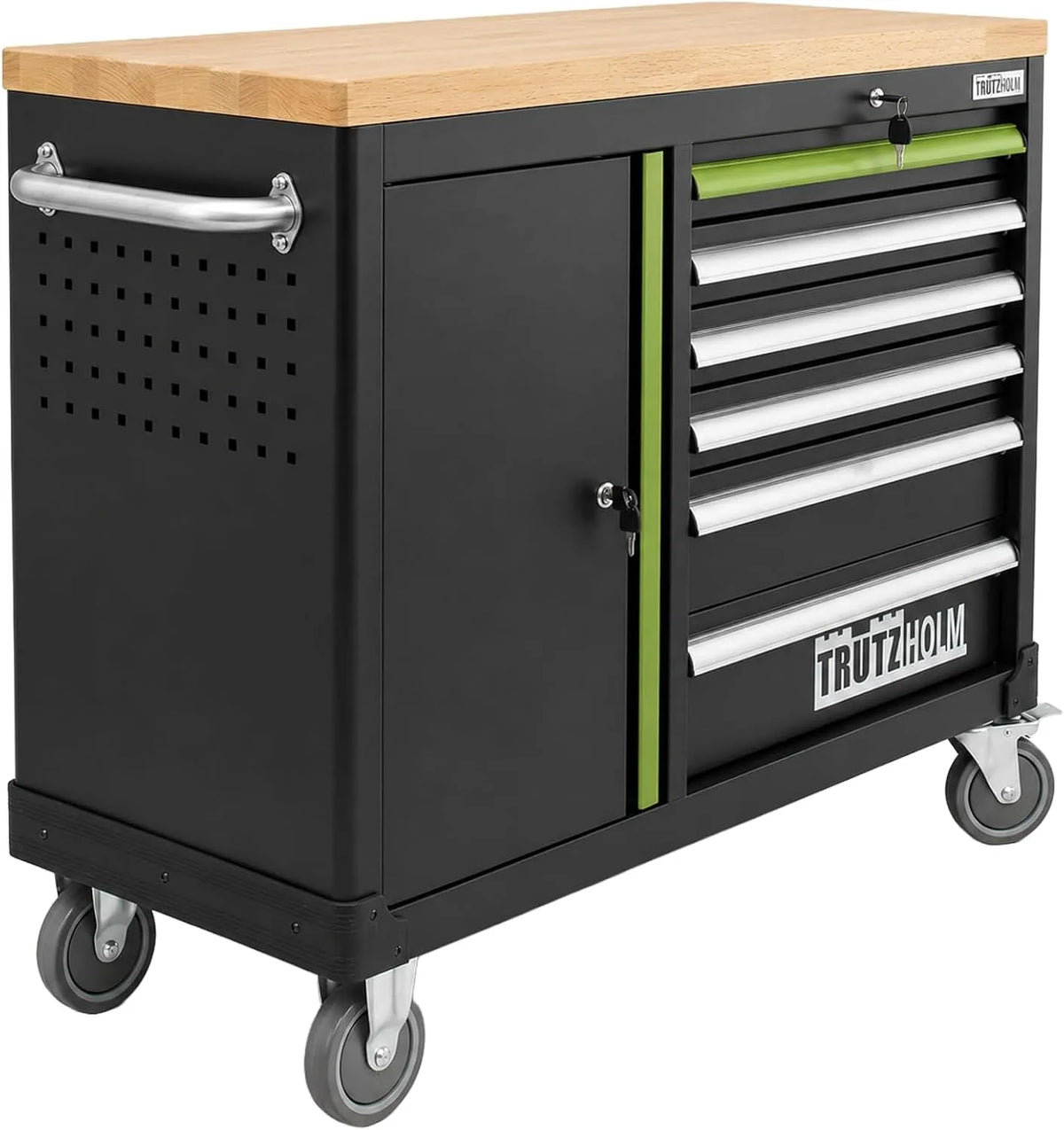 Werkbank und Werktisch, mit Schubladen, abschließbar, aus Massivholz, 6 Schubladen, 108 × 46,5 × 77 cm, für Werkstatt und Heimwerken, schwarz