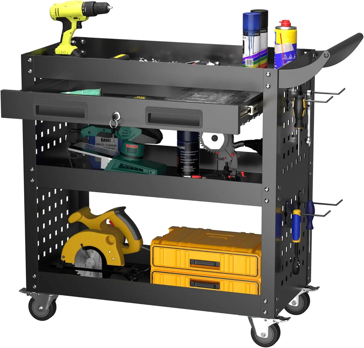 Werkstattwagen und Werkzeugwagen – mit Lochwand, mit Schubladen, abschließbar, 78 × 35 × 70 cm, 150 kg, für Werkstatt und Heimwerken