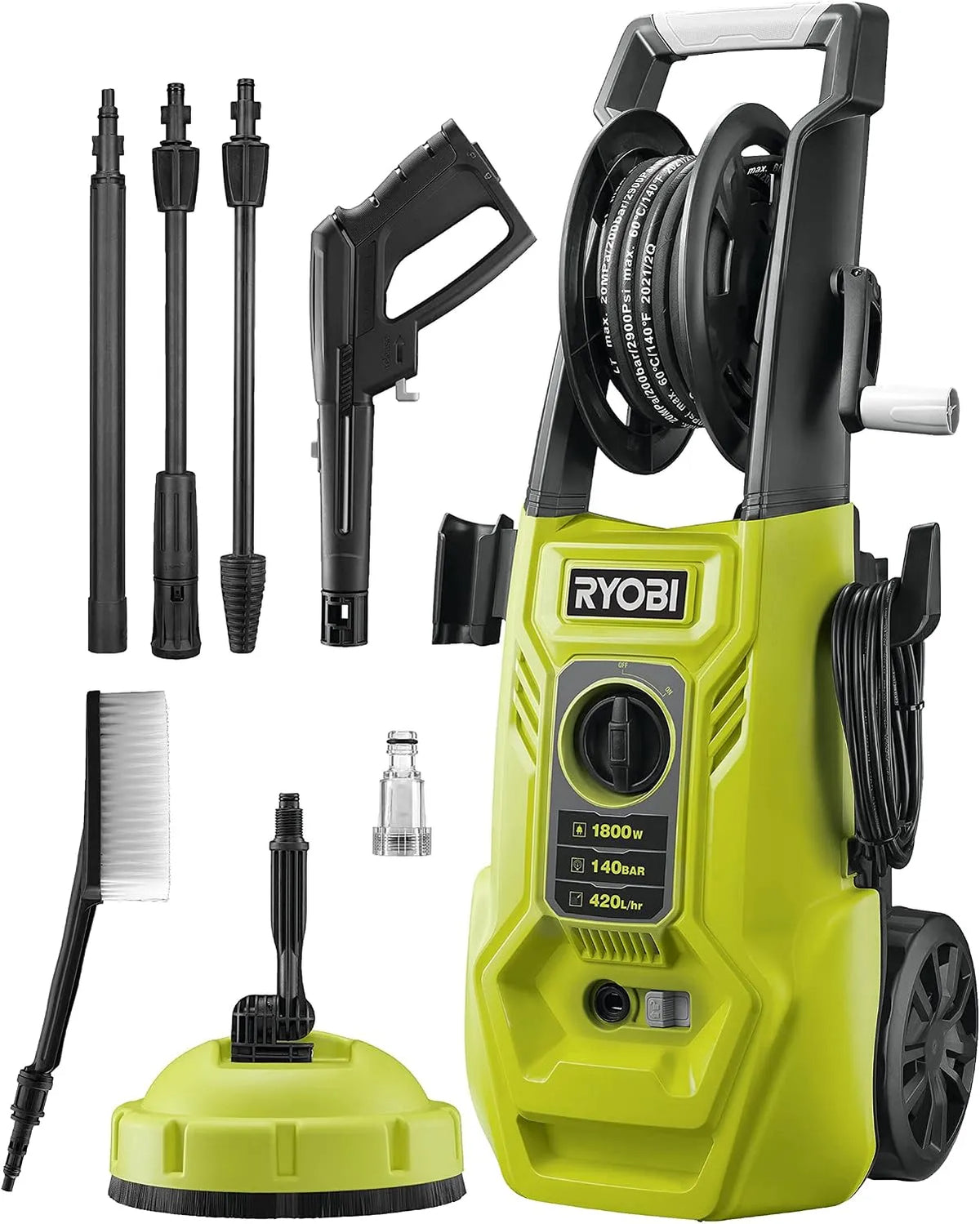 Ryobi 1.800 RY140PWA Hochdruckreiniger zum Lösen hartnäckiger Verschmutzungen auf Außenflächen und Hochdruckreinigungsgerät, 140 bar, 1.800 W