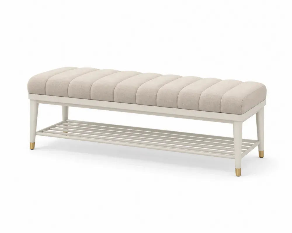 Schlafzimmerbank mit Ablage rechteckig 120 x 40 x 48 cm Polyestergewebe Polyurethanschaum Stahl Beige Weiß Goldfarben