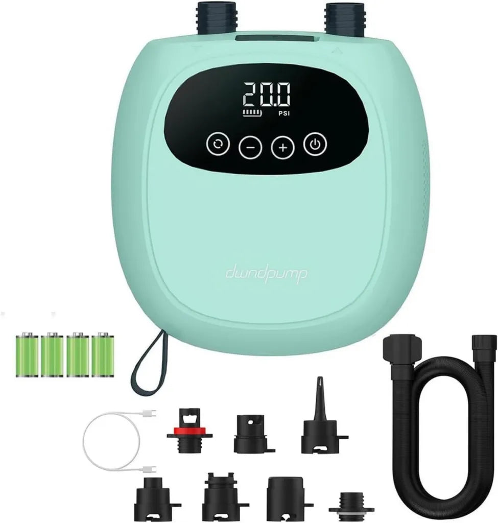 Elektrische SUP Luftpumpe 20PSI mit Akku, Tragbare Pumpe für Kajaks und Wingfoils, Inklusive 7 Ventiladapter