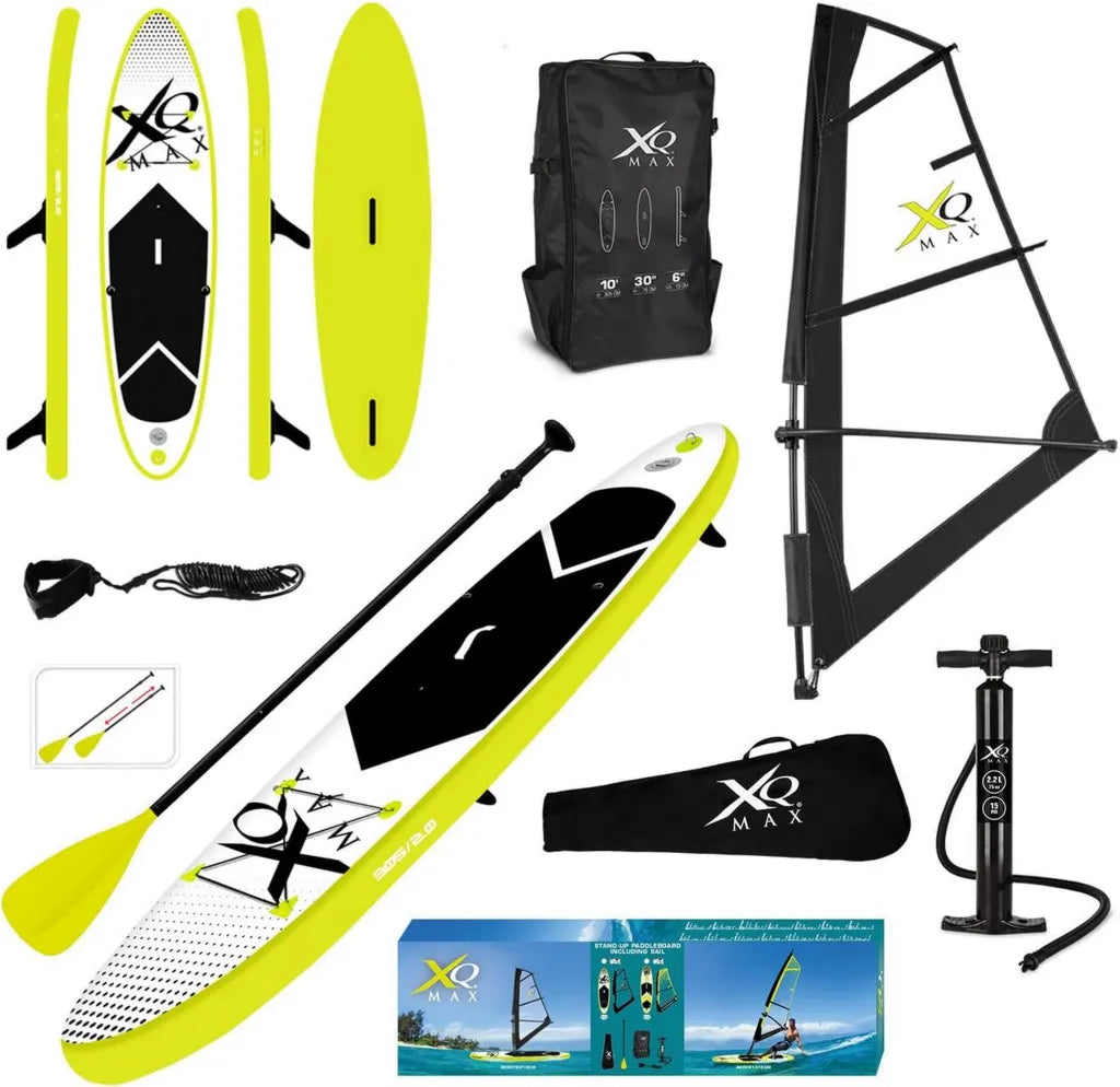 XQ Max Aufblasbares SUP-Board Set mit Segel – Paddel, Pumpe und Zubehör, 305-320 cm