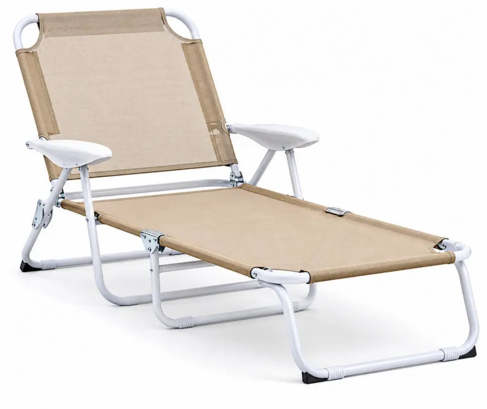 Klappbare Sonnenliege Gartenliege mit Armlehnen und verstellbarer Rückenlehne Stahlrohr PVC-beschichtetes Polyestergewebe Beige Weiß 160 x 61 x 79 cm