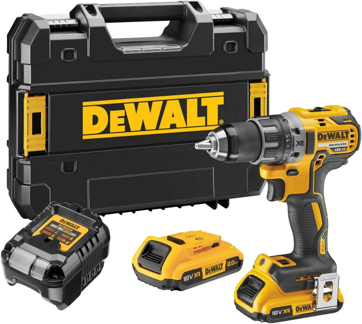 DeWalt XR DCD791D2-QW XR 18V Akku-Bohrschrauber mit Bürstenloser Technologie, Akku-Betrieb, bürstenloser Motor, kompakte Bauweise, LED-Anzeige, 2Ah