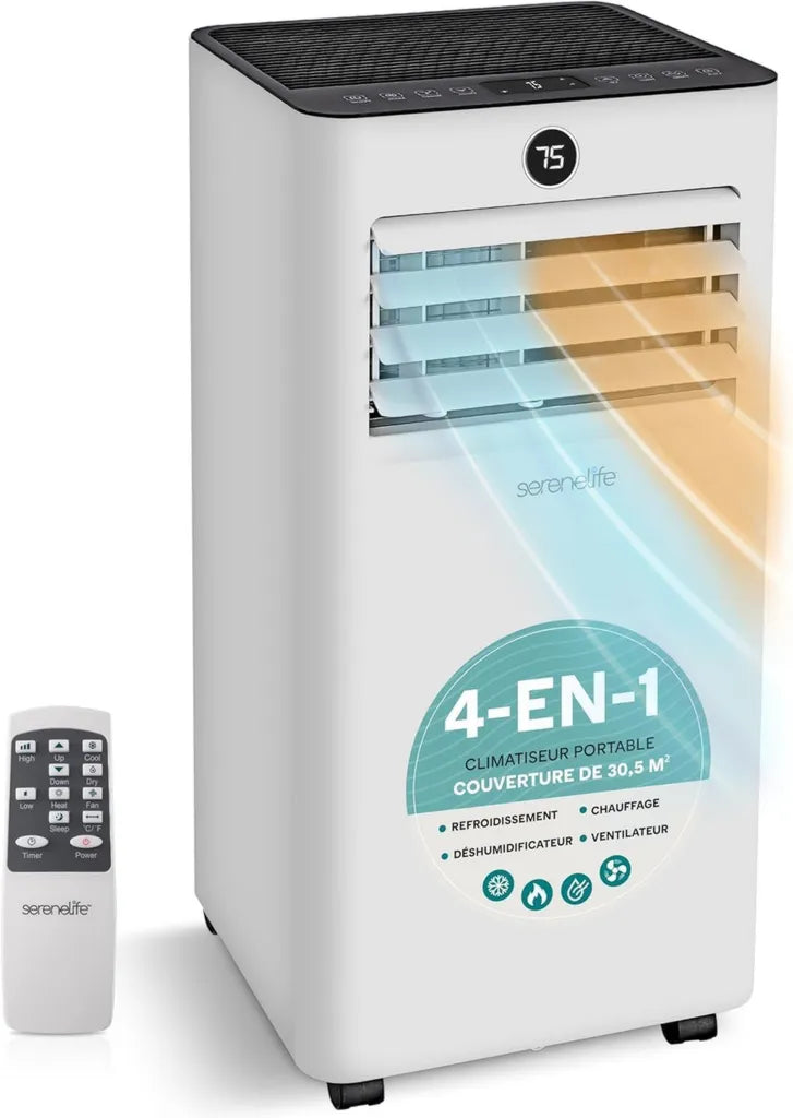 SereneLife Tragbare Klimaanlage 9000 BTU 2,34 kW mit Heizung, Ventilator und Luftentfeuchtung, inkl. Fernbedienung und Fenster-Kit, grau