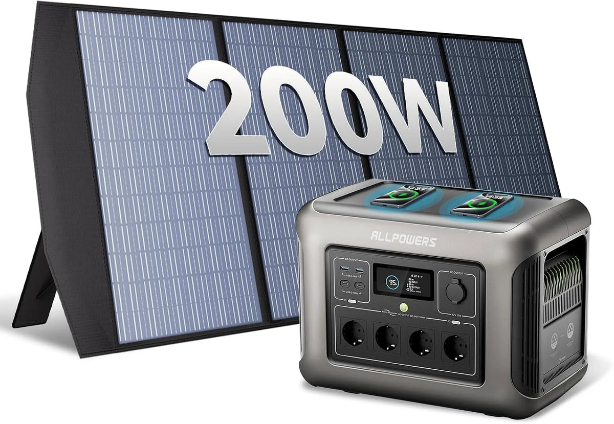 Solargenerator R1500 Tragbare Powerstation und Solargenerator, solarbetrieben, 200W, 1800W, 100W, mit USB-C, für Camping und Wohnmobil
