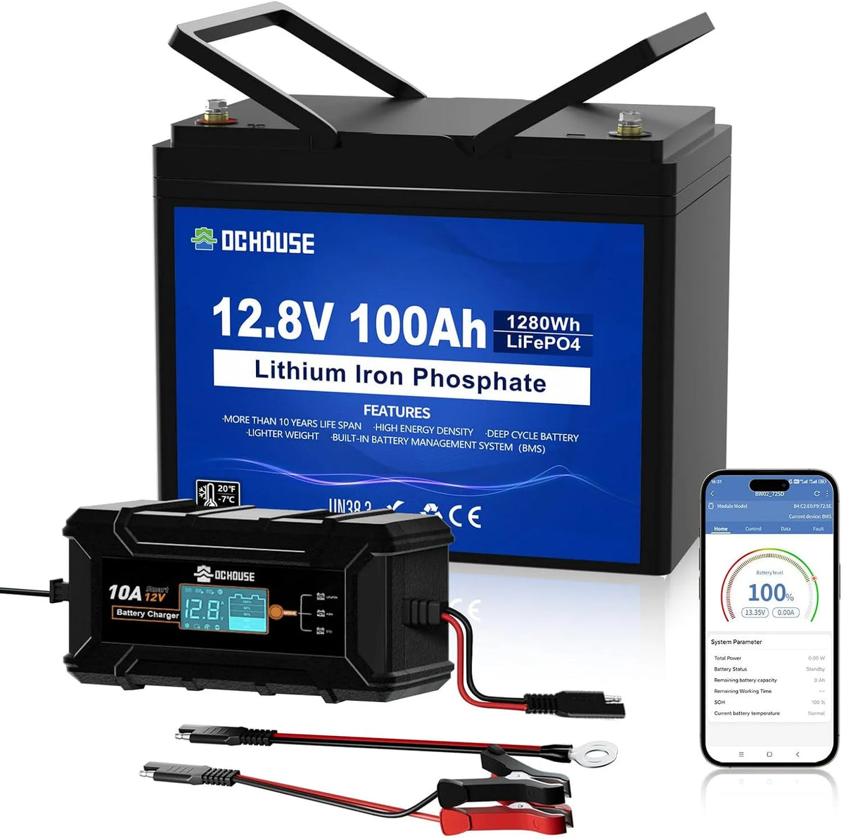 DCHOUSE 12V 100Ah Bluetooth Lithium Batterie mit 10A Ladegerät, BMS 100A