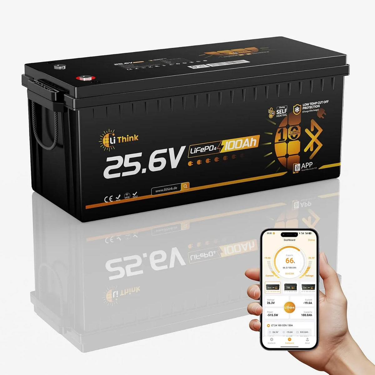 LiFePO4 LiFePO4-Batterie und Solar-Speicherbatterie, mit BMS, 100Ah, 2560Wh, 25.6V, 150A, mit Bluetooth