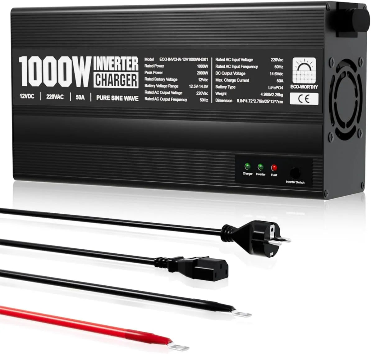 ECO-WORTHY LiFePO4 Intelligentes Batterieladegerät und Erhaltungsladegerät, 1000W, 14,6V, 12V, 230V, für Zyklenbetrieb