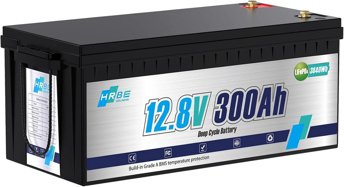HRBESOLARAS 12,8V 300Ah Lithium Deep Cycle Batterie mit Smart BMS, Temperaturschutz, für Solaranlagen und Wohnmobile, Bluetooth App-Überwachung