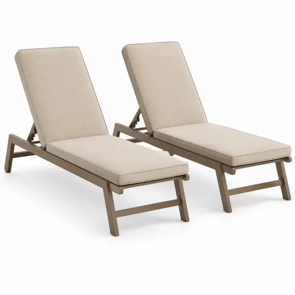 2er Set Gartenliegen mit Polsterauflage verstellbarer Rückenlehne Aluminium Polyester rechteckig beige taupe 198 x 65 x 92 cm
