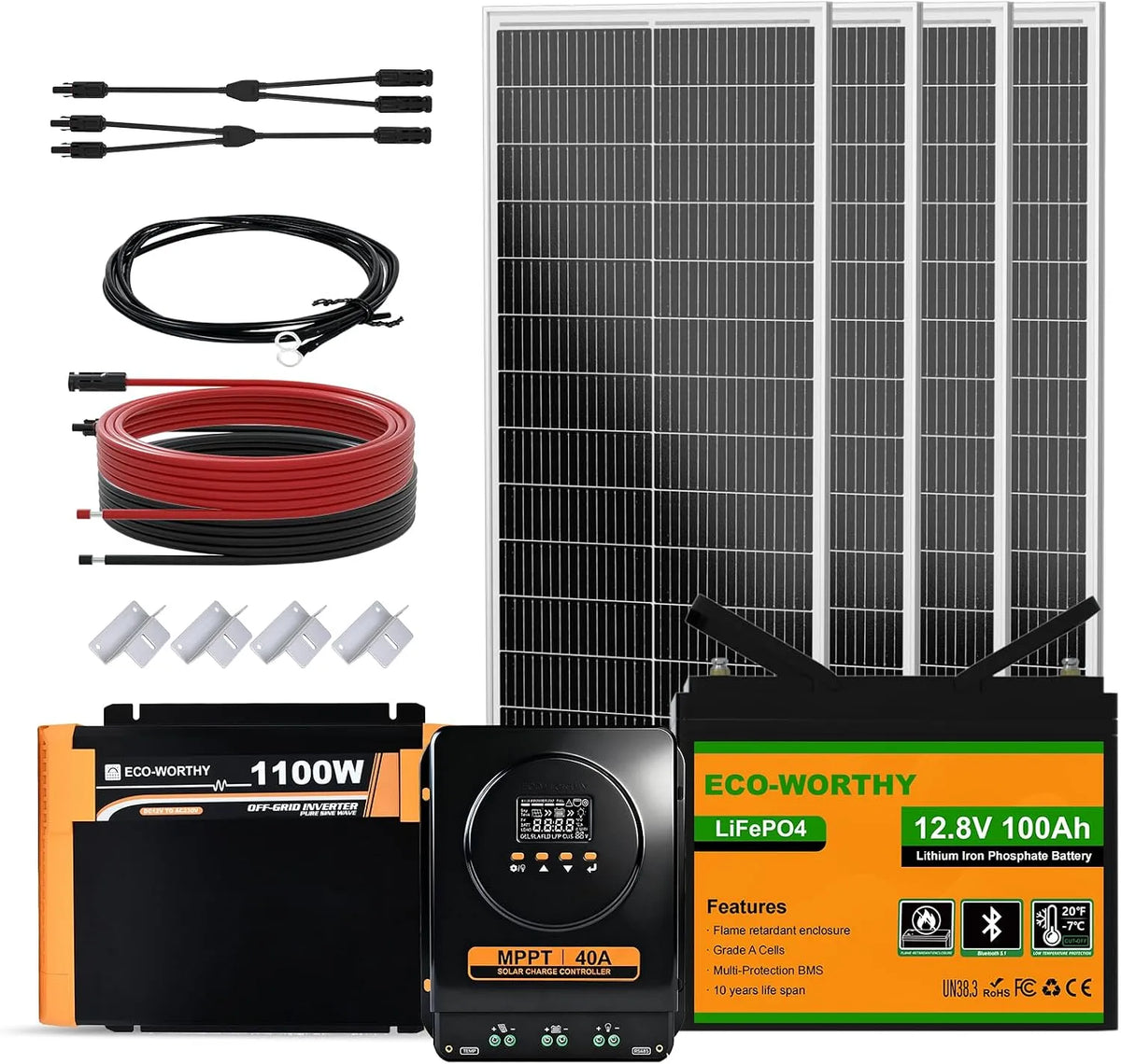 ECO-WORTHY LiFePO4 Solarmodul und Photovoltaikpanel, 1,6 kWh, 100W, mit Bluetooth, 12V, 100AH