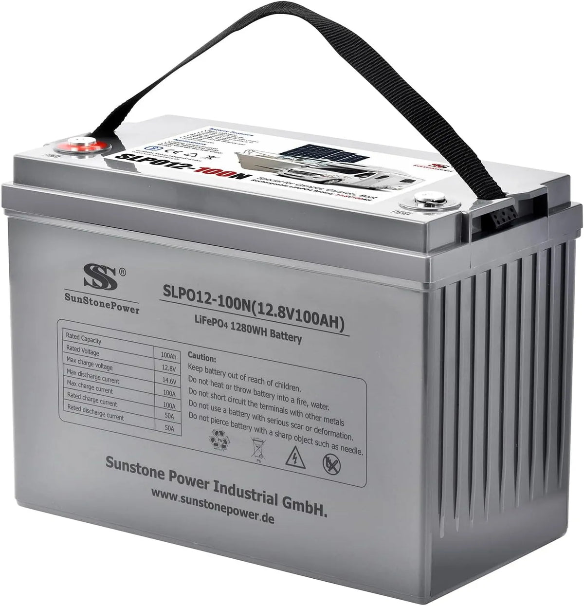 Sunstone LiFePO4 LiFePO4-Batterie und Solar-Speicherbatterie, 100AH, 1,28KWH, solarbetrieben, mit BMS, mit Bluetooth, 12V