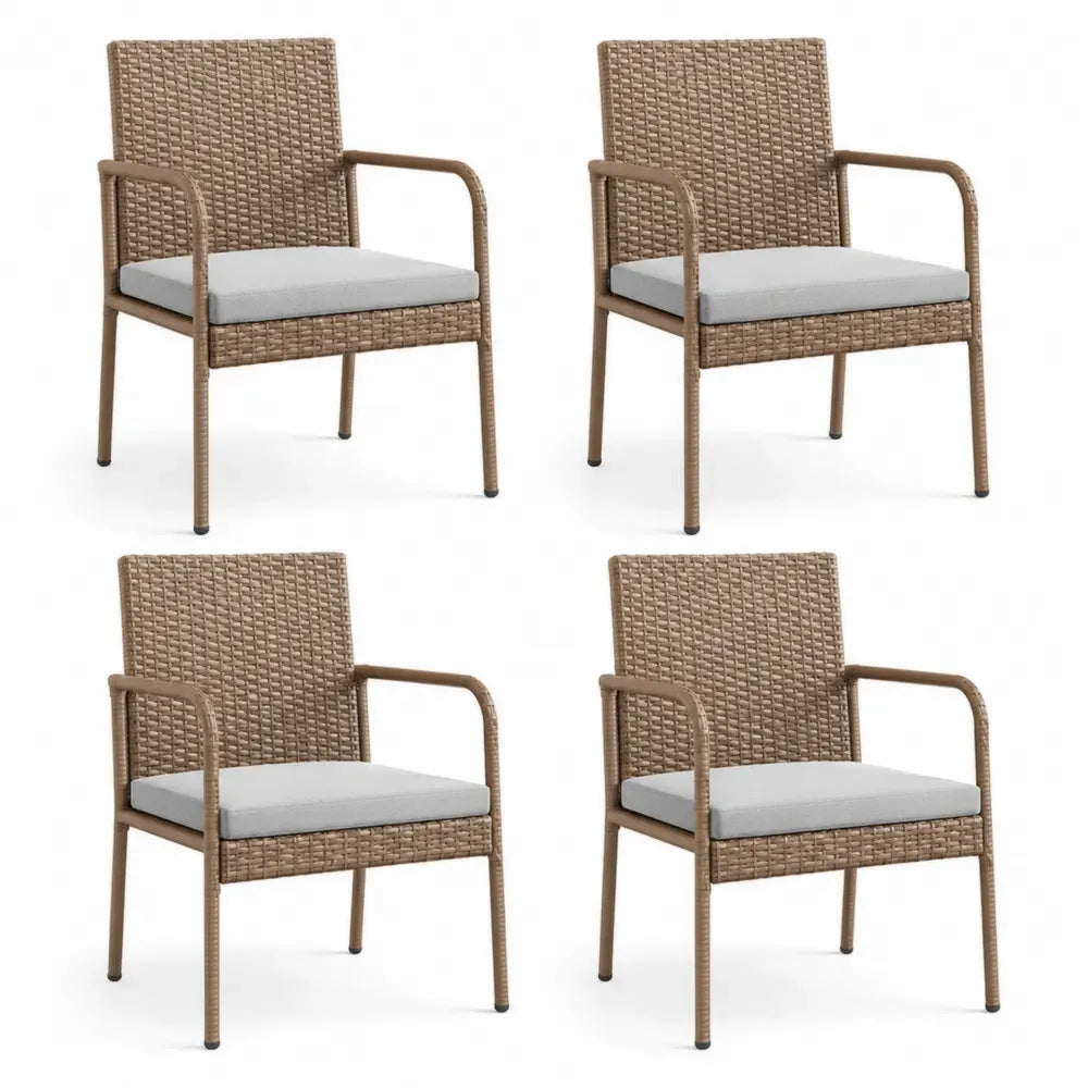 4er Set Gartenstühle mit Armlehnen PE-Rattan Stahlrohr Sitzkissen Naturfarben Hellgrau 57 x 60 x 88 cm