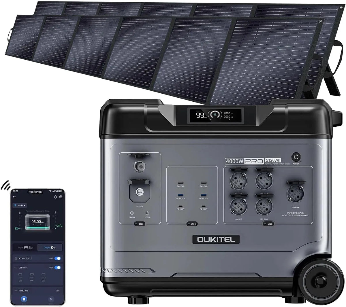 OUKITEL P5000 Tragbare Powerstation und Solargenerator, 5120Wh, solarbetrieben, mit App-Steuerung, 500W, 4000W, für Camping und Wohnmobil