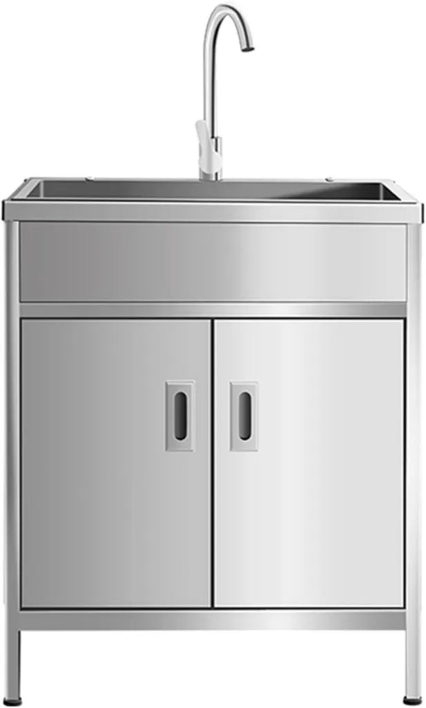 Moderner Edelstahl-Waschbeckenschrank mit integriertem Becken, Wasserhahn und Rollen