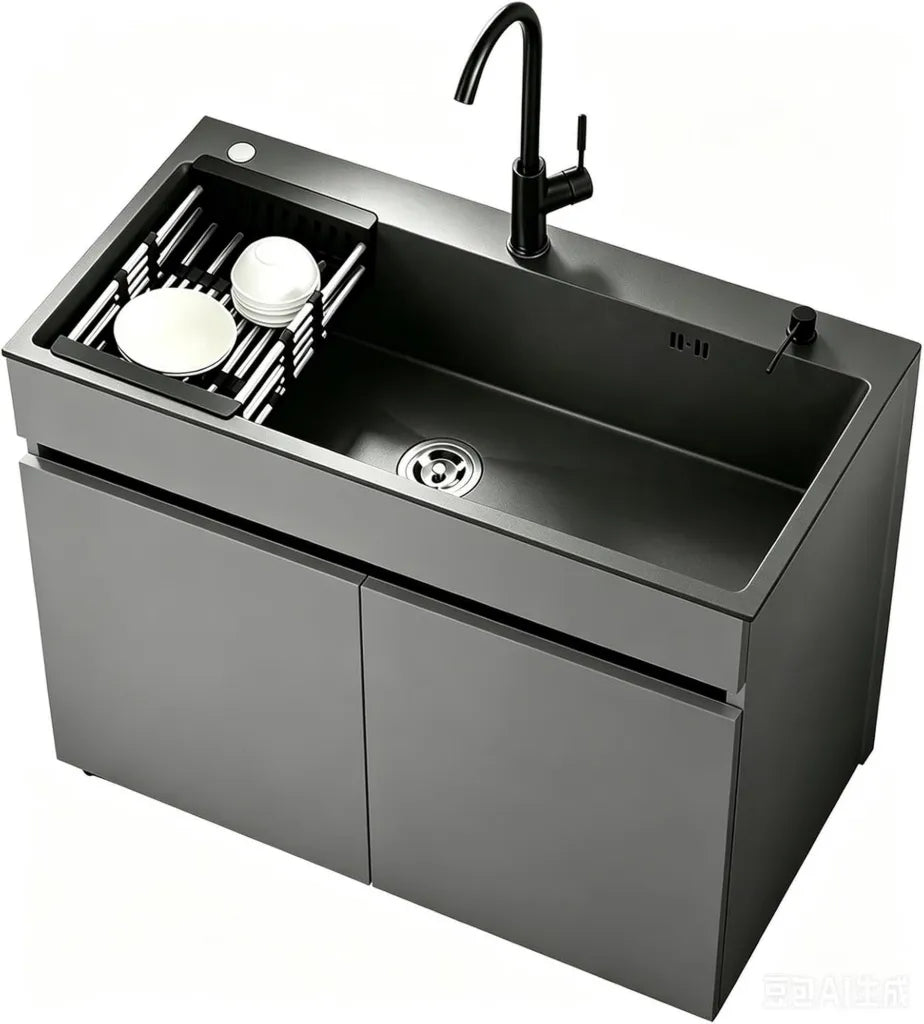 Freistehende 68 cm Edelstahlschüssel mit Aluwaben-Unterschrank, Set mit Mischbatterie & Seifenspender, für Garten, Garage & Waschküche, Grau
