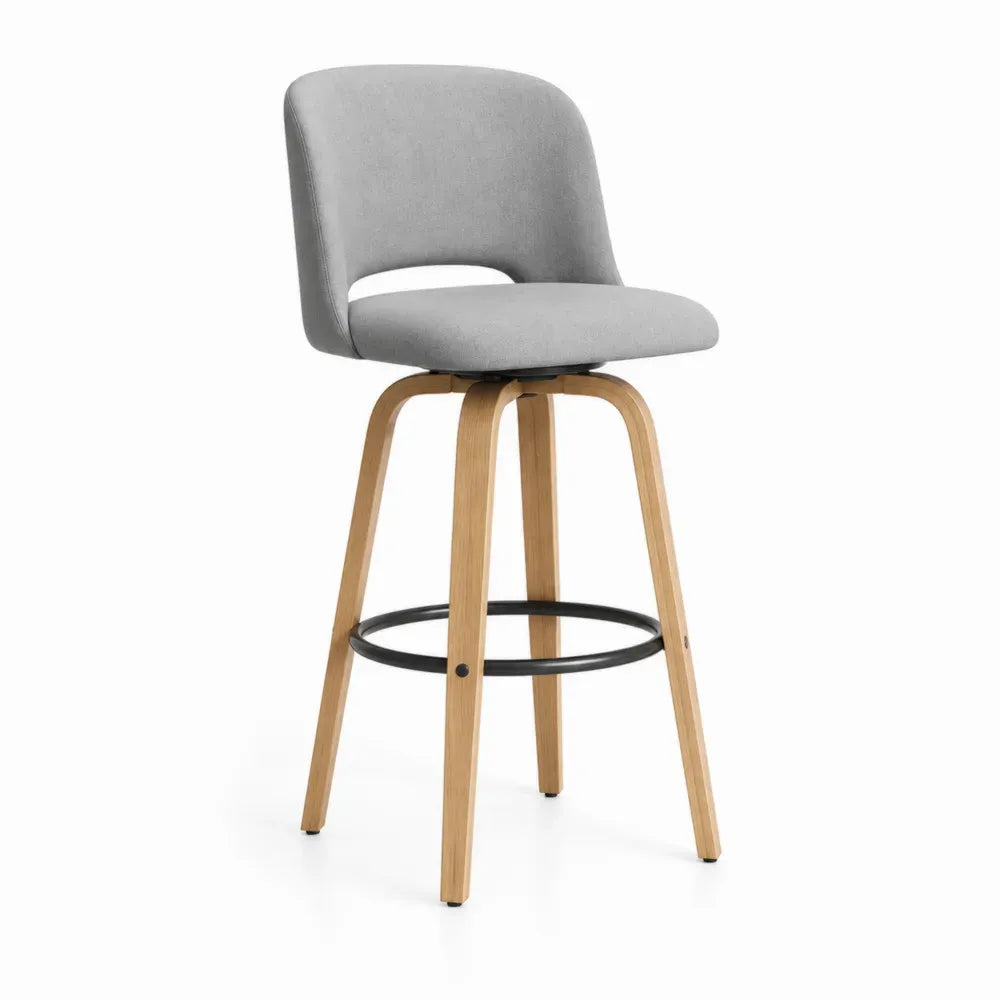 Barhocker drehbar mit Rückenlehne Sitzhöhe 75 cm Polyestergewebe Kautschukholz Stahl Grau Naturholzfarben Schwarz 49 x 54 x 101 cm