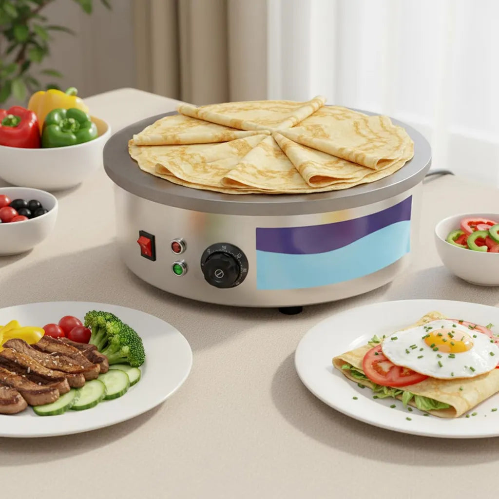 Elektrische Crêpes-Maschine 45cm, 3000W - Profi Gusseisenplatte für Gözleme, Yufka & Pfannkuchen, Temperaturregelung 50-300°C, inkl. Teigverteiler & Teigspachtel