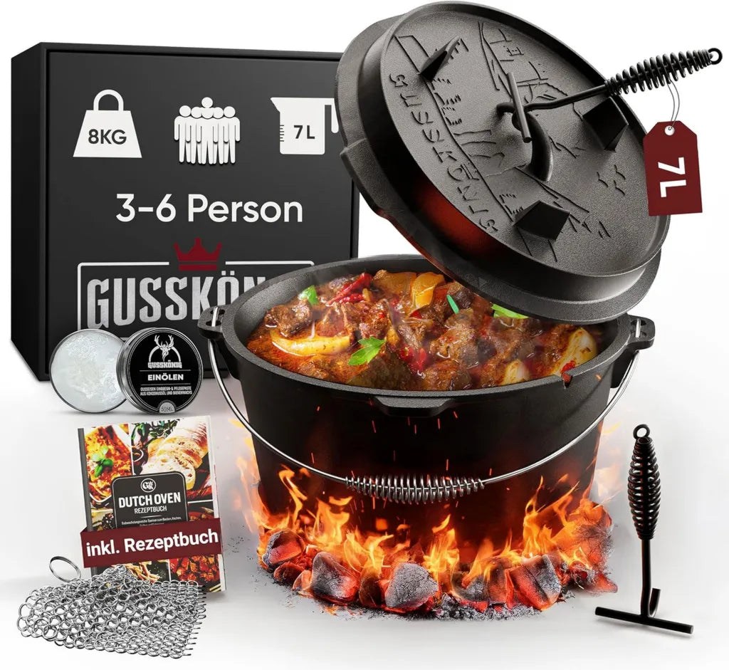 GUSSKÖNIG Gusseisen-Topfset für 3–6 Personen – 5,5L Bräter & 1,5L Deckel, eingebrannt mit Füßen, inkl. Deckelheber, Reiniger, Pflegepaste & Rezeptbuch – 30 Jahre Garantie