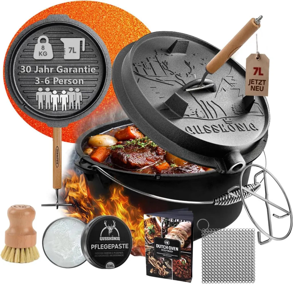 GUSSKÖNIG Gusseisen Dutch Oven Set 7L - Schmortopf mit Zubehör, 30 Jahre Garantie