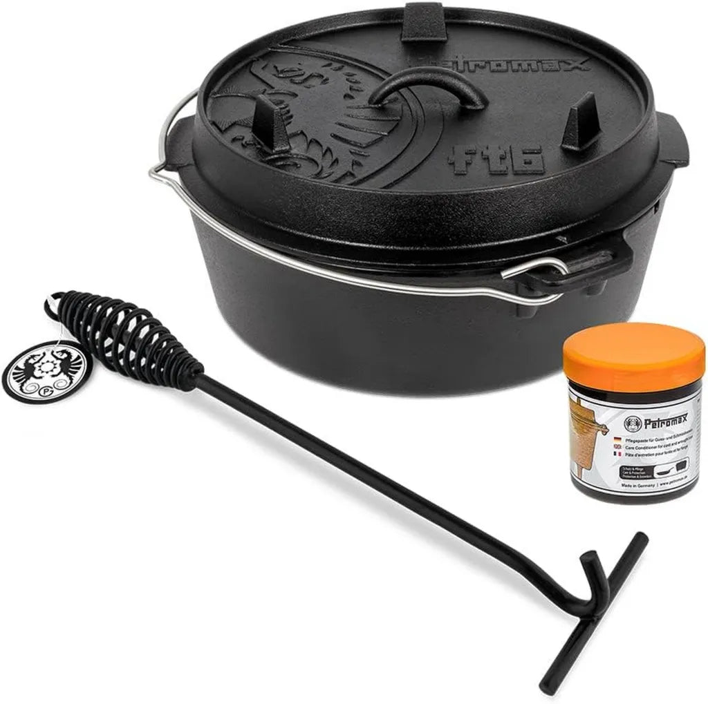 Petromax Gusseisen Feuertopf Set, FT6 mit Deckelheber & Pflegepaste, vielseitig & robust