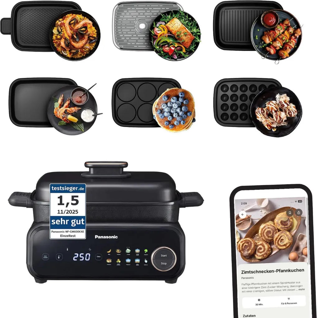 Panasonic NF-GM600 6-in-1 Multikocher: Tischgrill, Plancha, Braten, Slow Cook, BBQ, Dämpfen, Antihaftplatten, 1400W