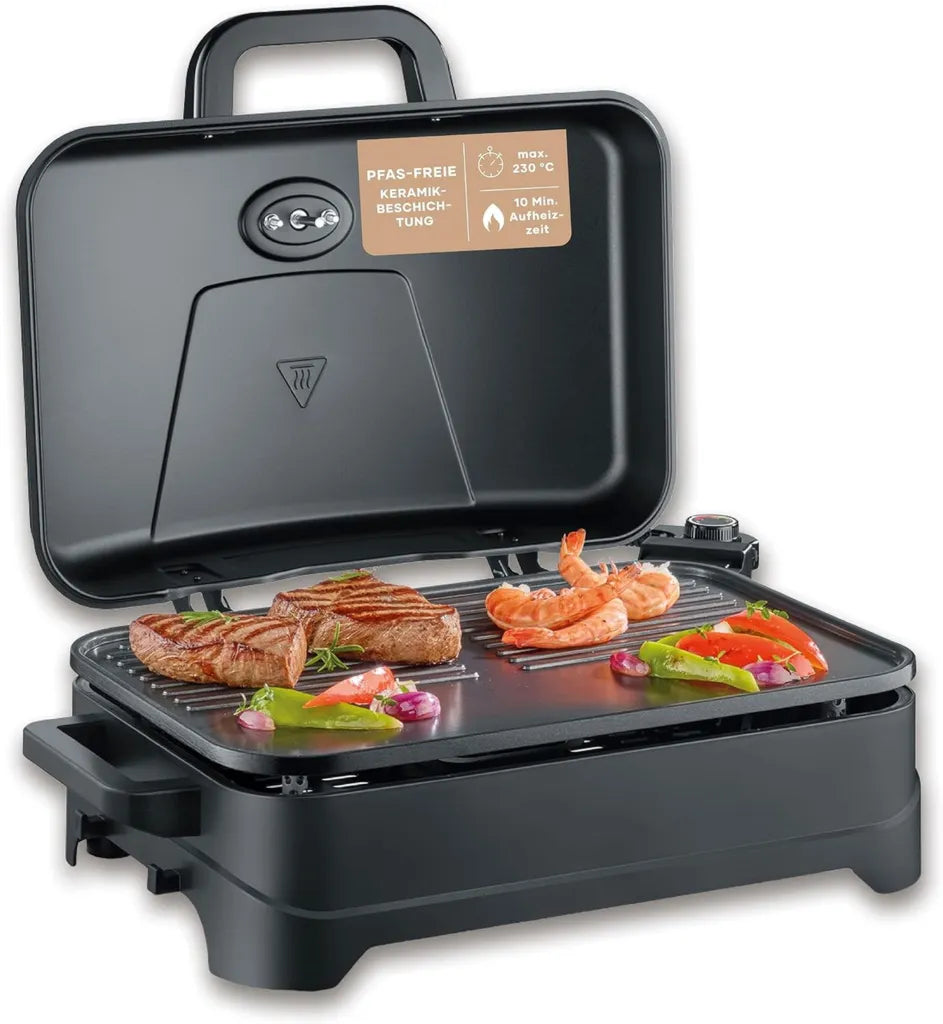 Severin Elektro-Tischgrill mit Keramikbeschichtung, 2300W, schnelles Aufheizen, inkl. Deckel und Thermometer, Grillfläche 45x30cm, matt-schwarz