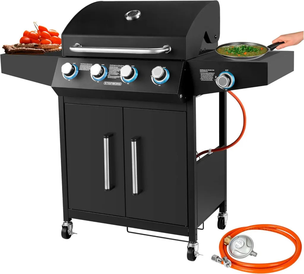 Großer 4-Brenner Gasgrill mit Seitenkocher und Beleuchteten Drehknöpfen