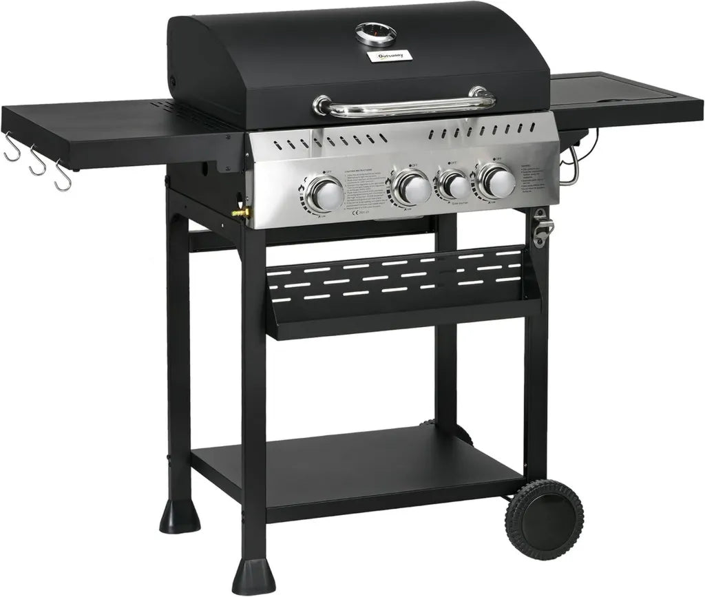 Outsunny Edelstahl Gasgrill 3 KW, 3+1 Brenner mit Seitenbrenner, Thermometer und Flaschenöffner, ideal für Camping und Balkon