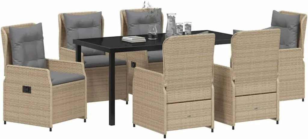 Moderne Garten-Essgruppe 7-teilig in Beige und Hellgrau, Langlebiges Poly-Rattan Möbelset für Terrasse