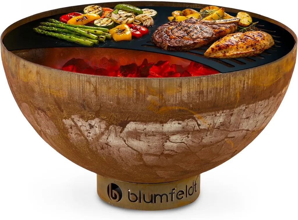 Blumfeldt Feuerstelle 60,5 cm mit Grillrost, witterungsbeständig, für Holz oder Kohle, aus Stahl mit Abdeckung