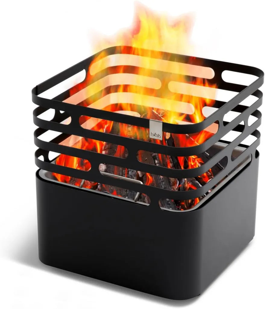 Höfats Cube Multifunktionale Feuerschale aus Edelstahl, Schwarz – Feuerkorb, Grill, Hocker und Tisch für Garten & Terrasse mit Löschfunktion
