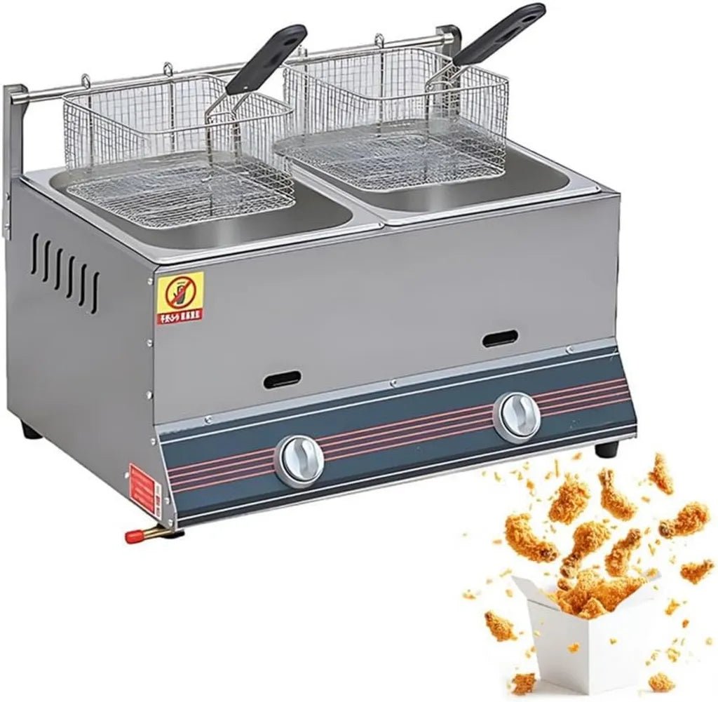 16L Edelstahl Gasfritteuse 304, Doppelbecken für Gastronomie, Hitzebeständige Griffe, Ideal für Gartenküche und Marktstand