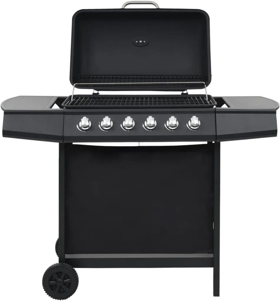 Gasgrill mit 6 Brennern, pulverbeschichteter Stahl, Thermometer & Räder, 112x54x98 cm, Schwarz
