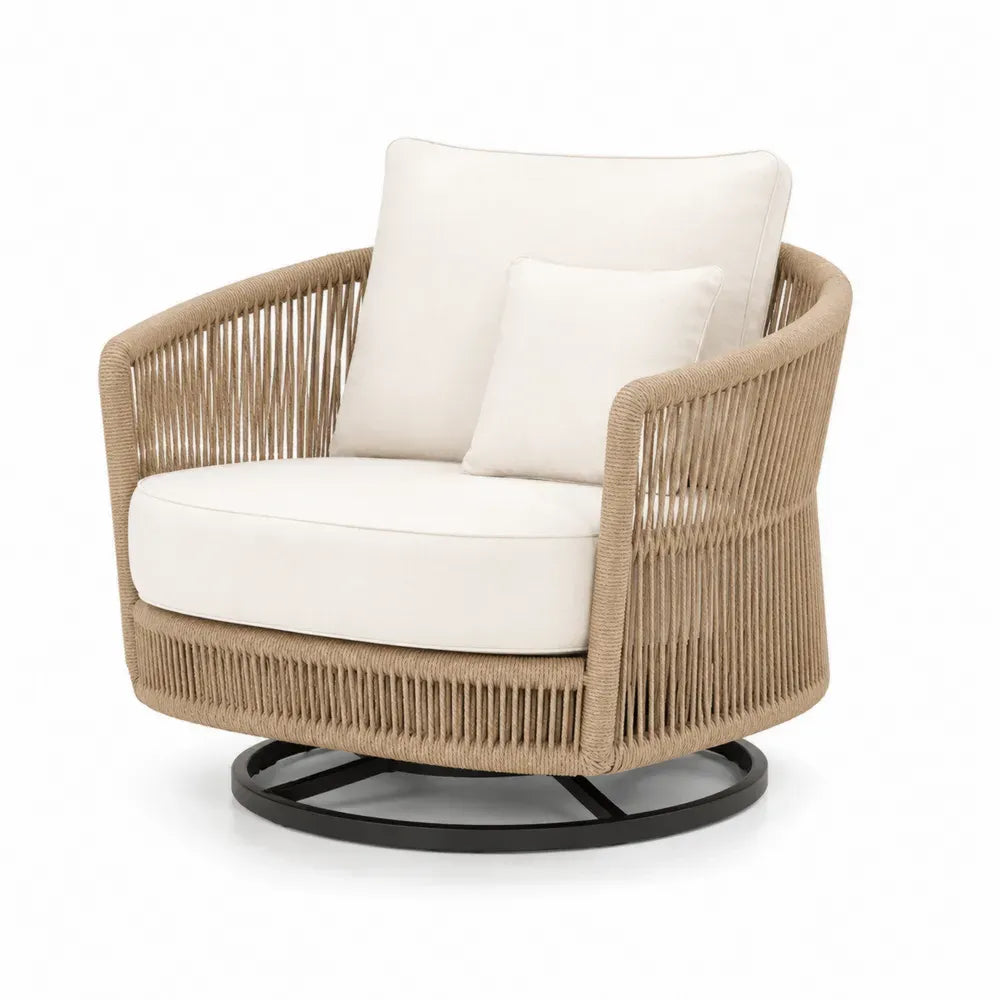 Gartenstuhl Drehsessel Loungesessel mit Kissen 88 x 84 x 82 cm Aluminiumrahmen PE-Rattan-Seilgeflecht rund Beige Naturbeige Schwarz