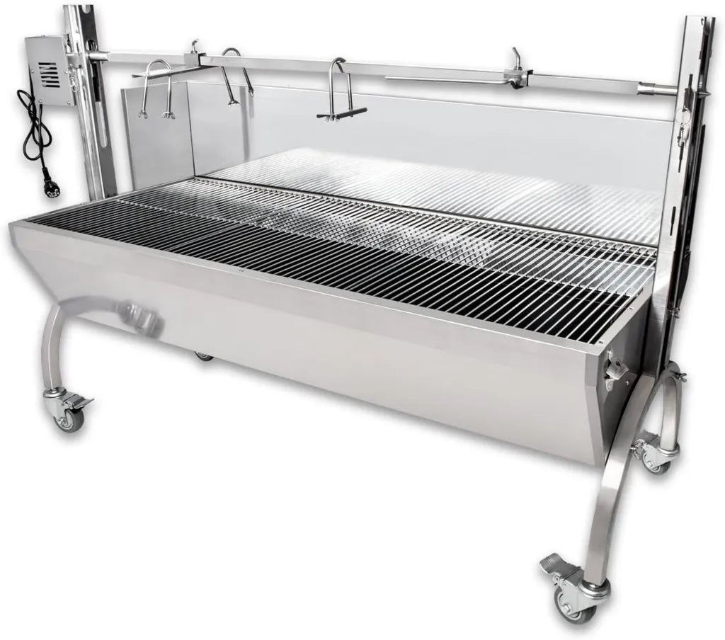 Beeketal Spanferkelgrill mit Motor und Höhenverstellung, Edelstahl, mobil mit Windschutz und bremsbaren Rollen