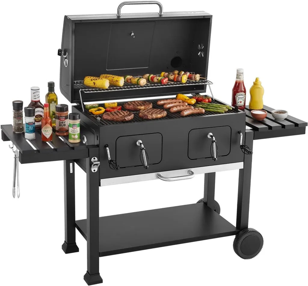 VEVOR BBQ Grillwagen mit Zwei höhenverstellbaren Kohleschalen und Klapptischen, Hitzebeständiger Stahl für Terrasse und Garten