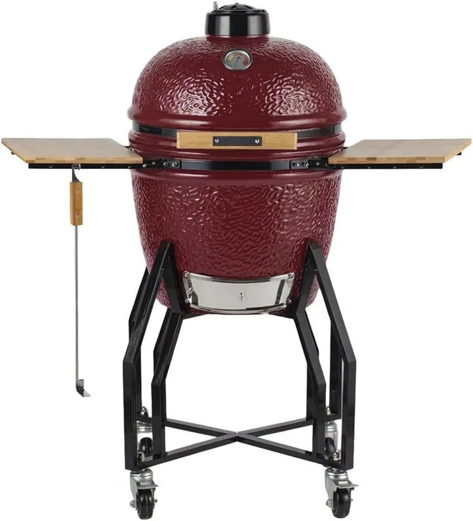 INTEC Kamado Grill Rot - Keramik Holzkohlegrill mit 2 Kochzonen Ø 56 cm - Mobiler Grill & Smoker