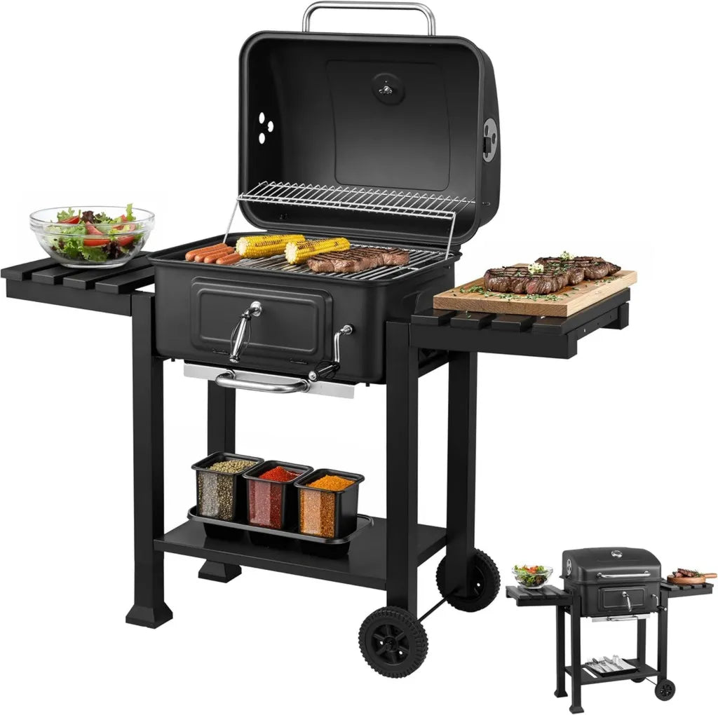 Steinborg® Holzkohlegrillwagen mit Thermometer und höhenverstellbarer Kohlewanne
