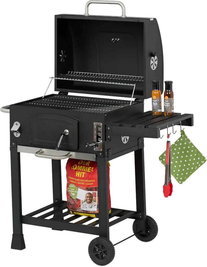 Großer BBQ-Holzkohlegrill mit Haube und Rädern, höhenverstellbar, Schwarz/Silber