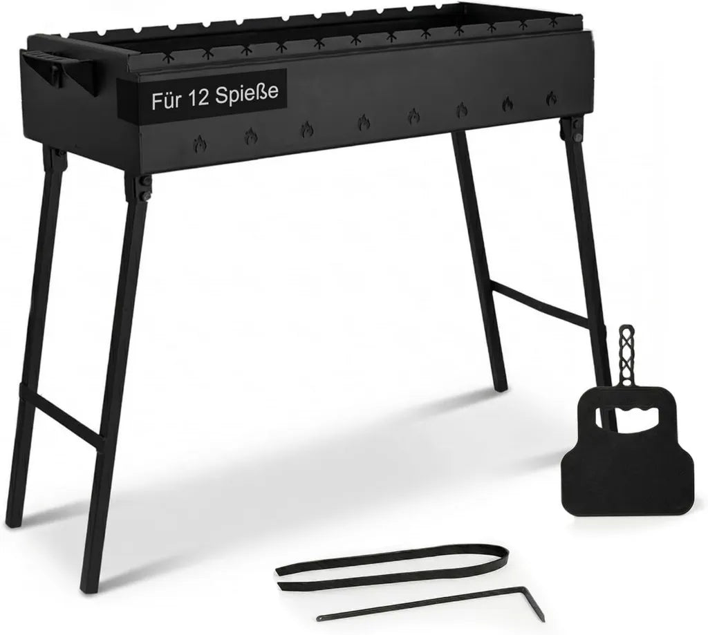 Klappbarer Holzkohlegrill für 12 Spieße, 2 mm Stahl, 80x33 cm - Perfekt für Schaschlik, Garten, Camping und Picknick