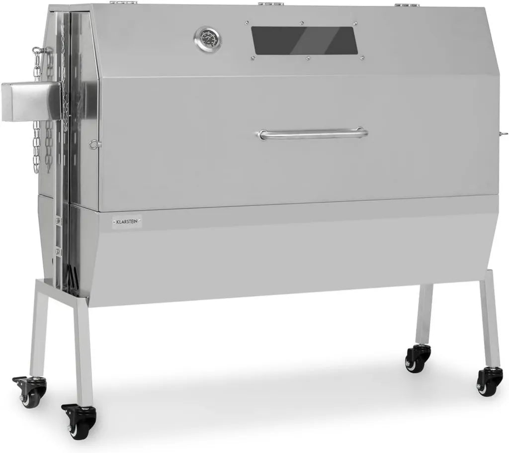 Klarstein Spanferkelgrill mit Motor, Edelstahl-Drehspieß, Sichtfenster, Holzkohlegrill mit Rollen, 15W, Silber