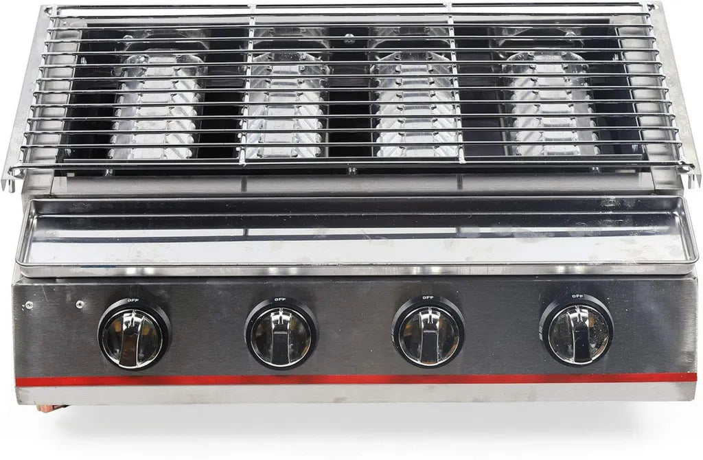 4-Flammen-Gasgrill aus Edelstahl für Outdoor-Camping, höhenverstellbar und rauchfrei