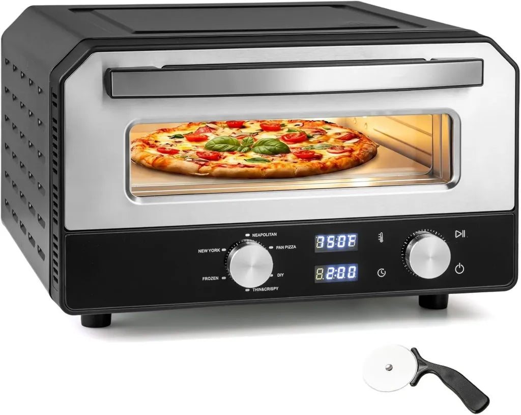 Elektrischer Pizzaofen 1700W, 6 Modi, Touch-Steuerung, Pizzastein & Schneider, für 12-Zoll-Pizzen bis 400°C