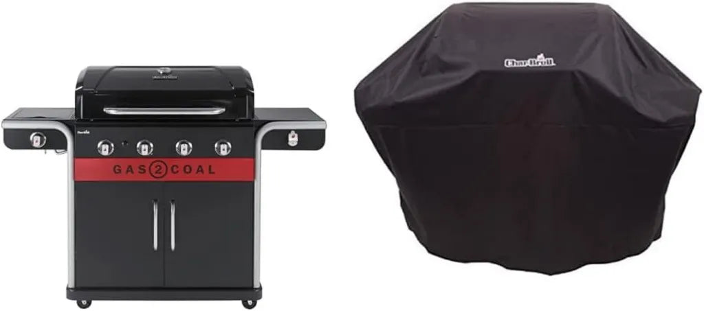 Char-Broil Gas2Coal 440 Hybridgrill 4-Brenner mit Seitenbrenner, Schwarz & Universale Wetterschutzhaube für Gasgrill