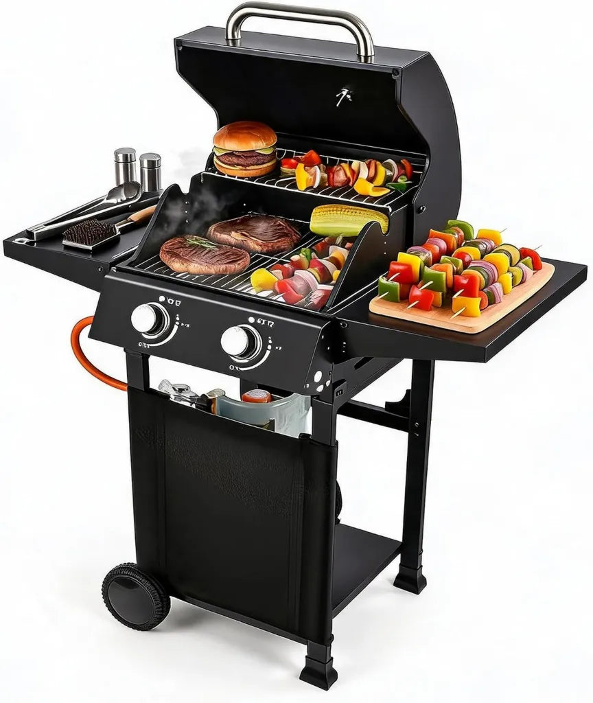 Hochleistungs-2-Brenner-Gasgrill für Draußen, 304 Edelstahl & Gusseisen, Gleichmäßige Wärmeverteilung, Leicht zu Reinigen, Mobil mit Rollen