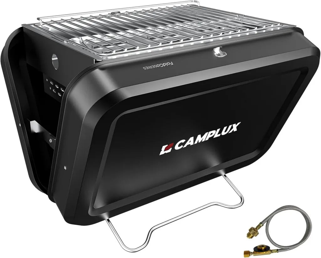 CAMPLUX Tragbarer Koffergrill 2-in-1: Gas- und Holzkohlegrill, kompakt klappbar für Camping und Reisen, 32x23,5 cm Rost